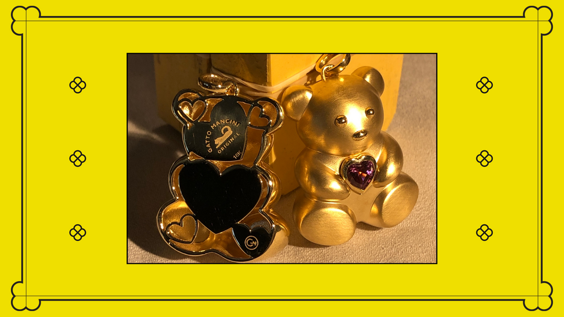 A luxurious and adorable teddy bear pendant with engravable hearts on the back for personalization.