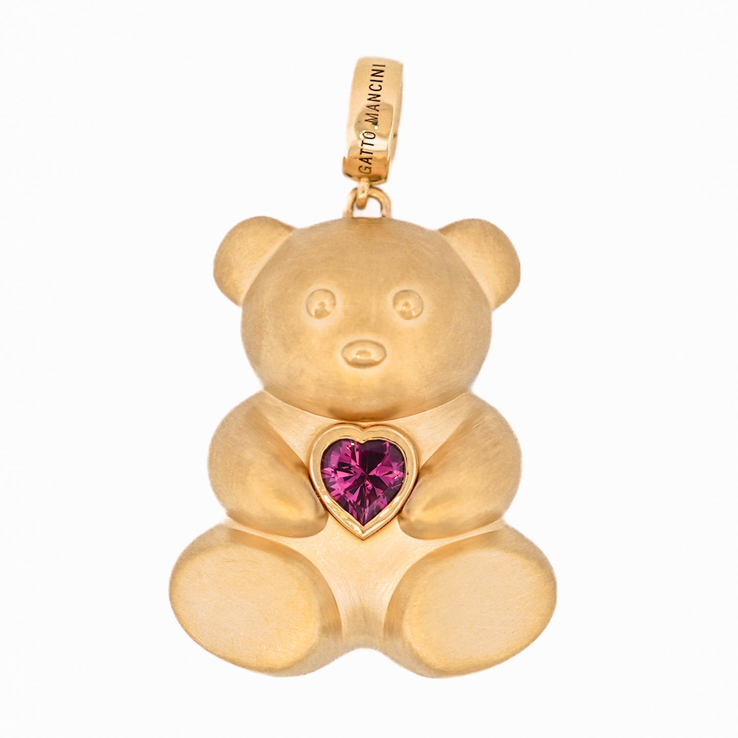 A luxurious Winsome Bear Pendant by Gatto Mancini in 18k yellow gold adorned with a pink gemstone.